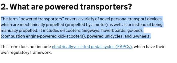 Snapshot showing the definition of powered transporters as per UK regulations introduced in 2015
