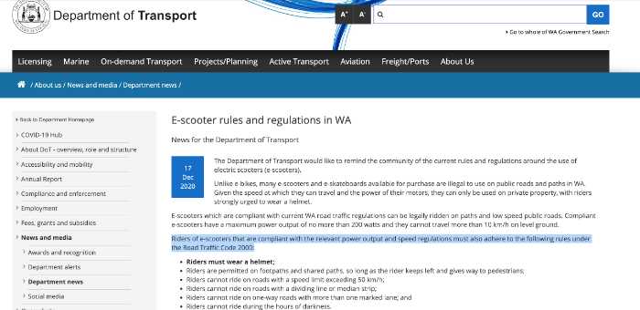 Snapshot of Web page from Western Australia Department of Transportation Website 