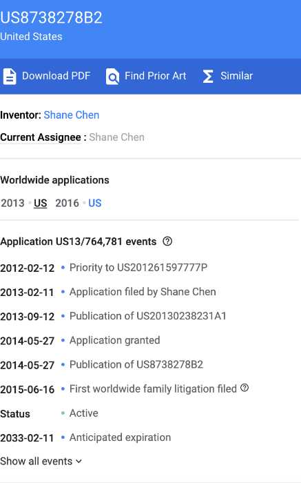 A snapshot from the Google Patents repository indicating the timelines of Shane Chen's invention in 2012 prior to his patent application in 2013 and subsequent approval of his application in 2014. 