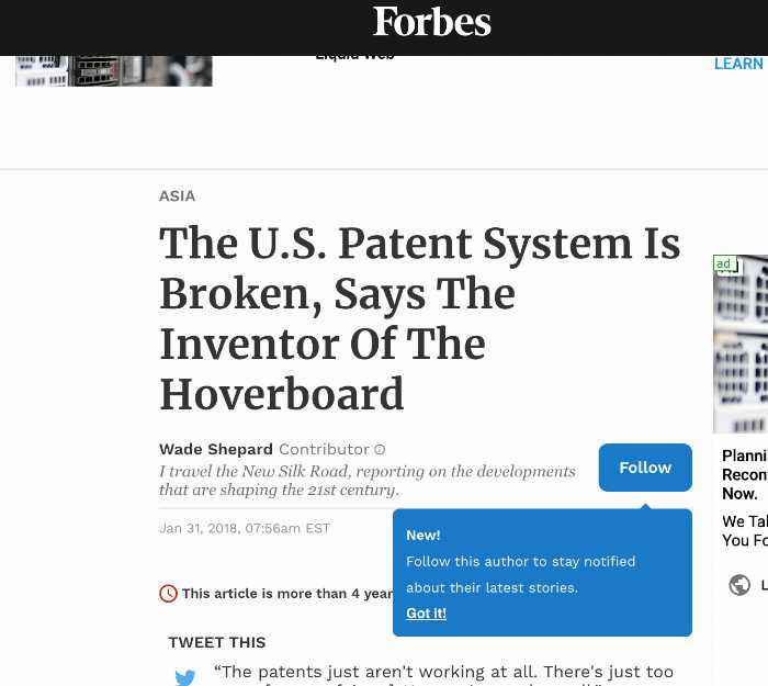 A snapshot of Forbes article on how US Patents System is not working well for genuine inventors such as Shane